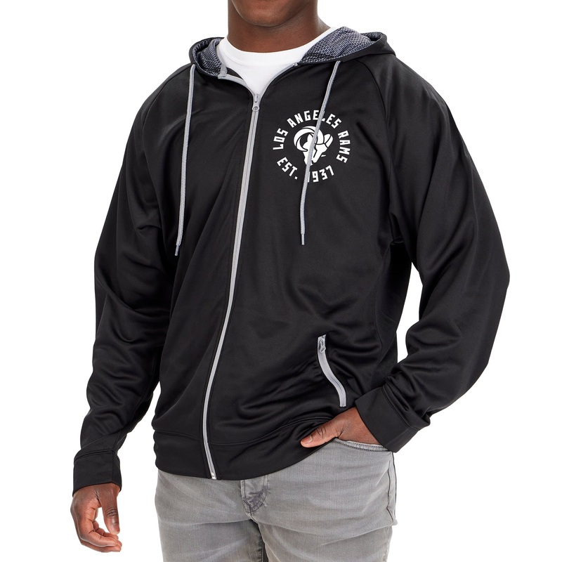 ZUBAZ NFL MEN’S LOS ANGELES RAMS SOLID BLACK FULL ZIP HOOD W/ TONAL VIPER PRINT HOOD LINER